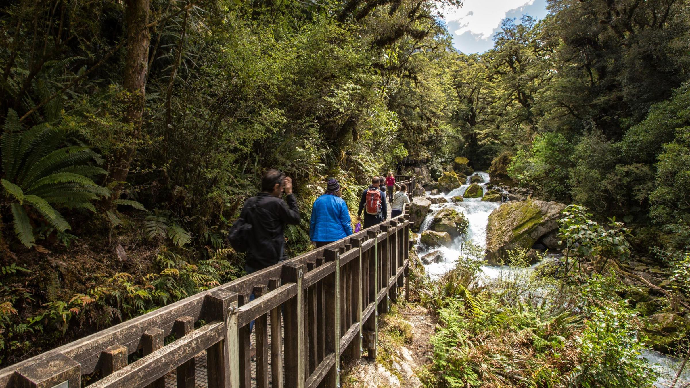 a group of people walking on a bridge