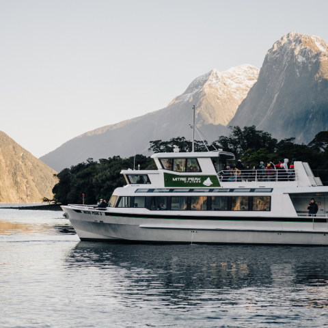 a boat in the water with a mountain in the background